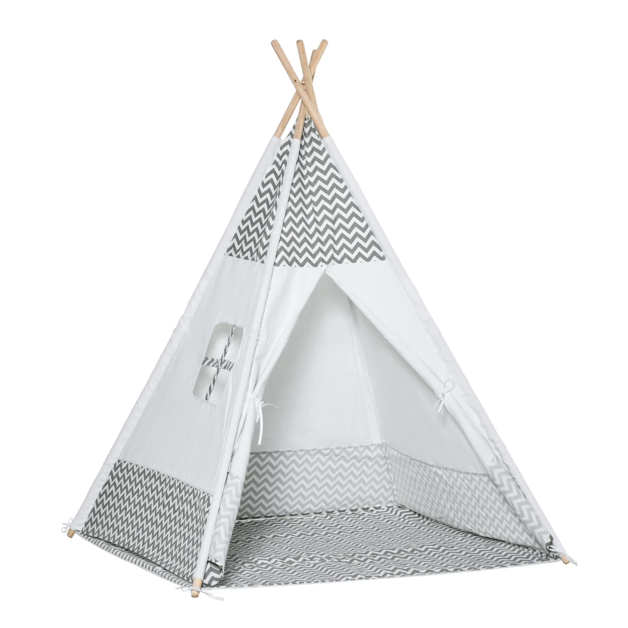 HOMCOM Tienda de Campaña para Niños de +3 Años 120x120x155 cm Gris | Tipi Infantil con Colchoneta, de Madera, Portátil, Ventana, Bolsa de Transporte, para Interiores y Exteriores