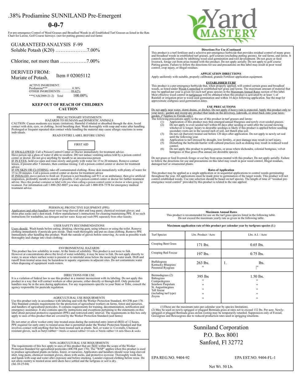 Granular Pre Emergent Herbisida 0 - 0 - 7 .38% Prodiamine - 45lbs - Meliputi 15.000 kaki persegi, pada 3lb per 1.000 kaki persegi Tingkat Aplikasi