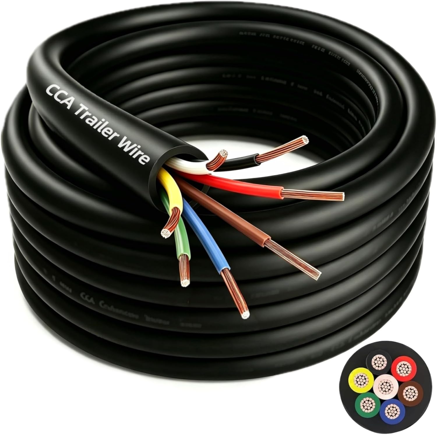 14 Gauge 7 Way Trailer Wire Harness, 25 Feet 14 Gauge CCA 7 Conductor Color Coded Trailer Cable, 7 Pin Trailer Wiring for RV Camper Boat Utility Truck Trailers