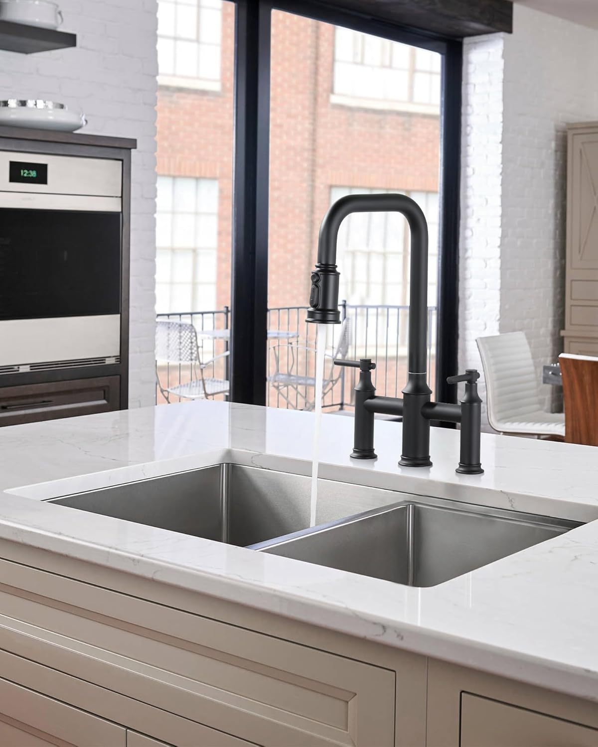 Bridge Kitchen Faucet Matte Black: 3 Hole Solid Brass Farmhouse Kitchen Faucet with Pull Down Sprayer, 2 Handle 8 Inch Centerset High Arched Sink Faucet with 360° Swivel Spout