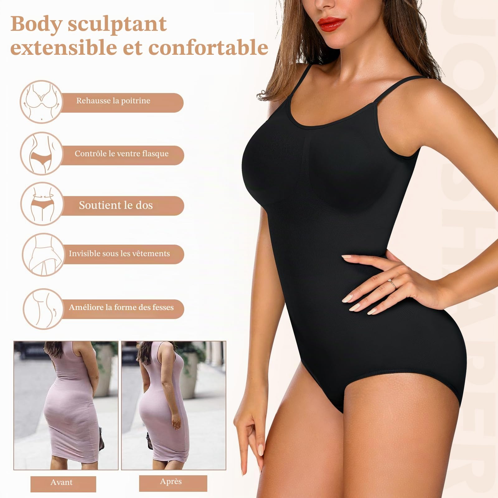 Joyshaper Body Sculptant Femme Gainant Ventre Plat Invisible Bodysuit Shapewear Push Up Body Gainant Minceur avec Bretelles Ajustable