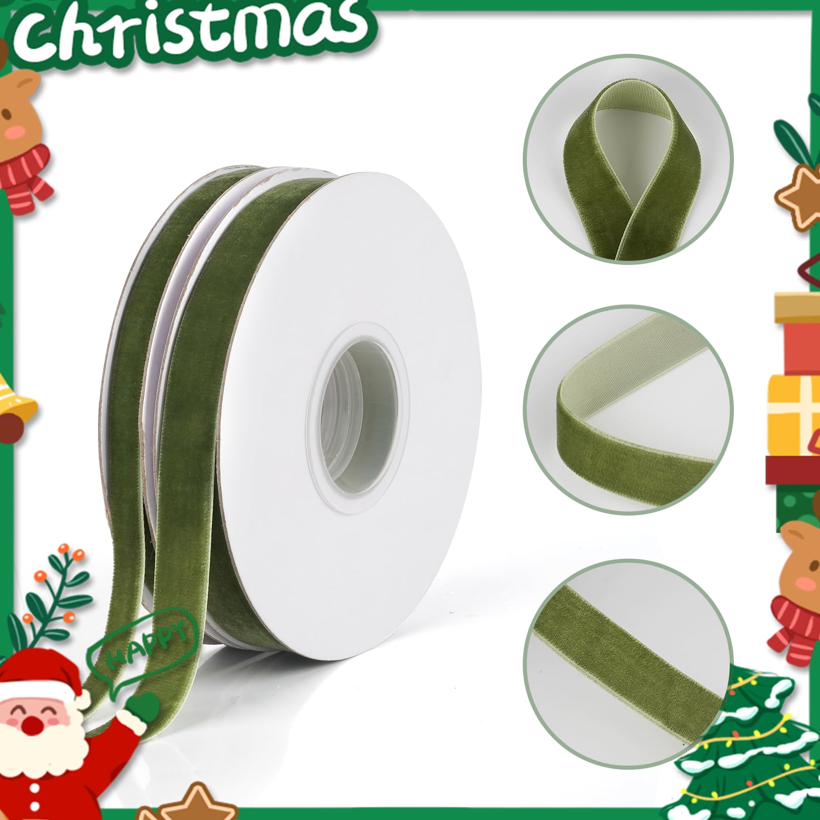 Olive Green Velvet Ribbon Spool - 3/8 Inch X 10 Yards For Christmas Gift Wrapping & DIY Crafts