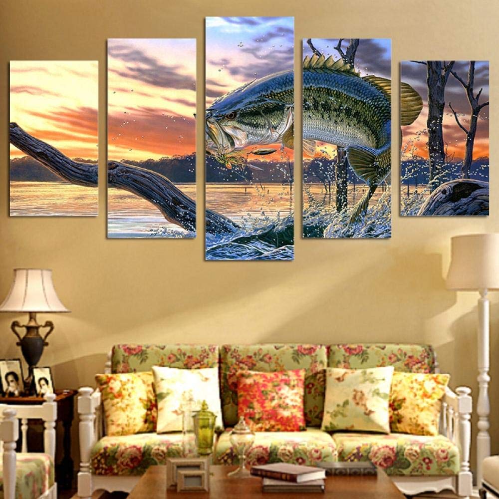 TXFMT No Frame Canvas Decoration Painting Handmade DIY Jump bass Fishing Wall Decor Poster Wall Art Picture Canvas Prints Painting 5 Panels Modern for Kids Room Home Decor