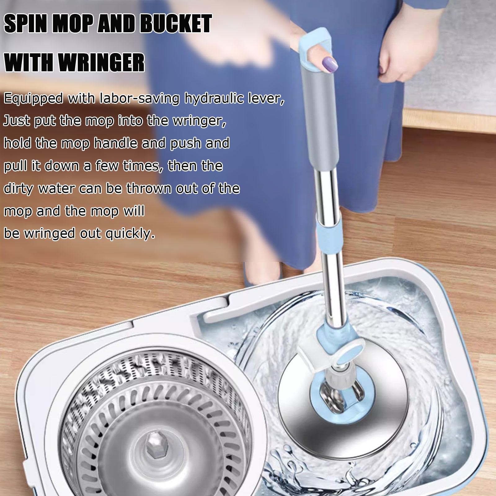 Cubo para fregona giratoria con juego de escurridor, fregona para suelo con 4 ruedas de fácil movimiento, mango ajustable de acero inoxidable, 5 recambios de cabezal de repuesto de microfibra, 1