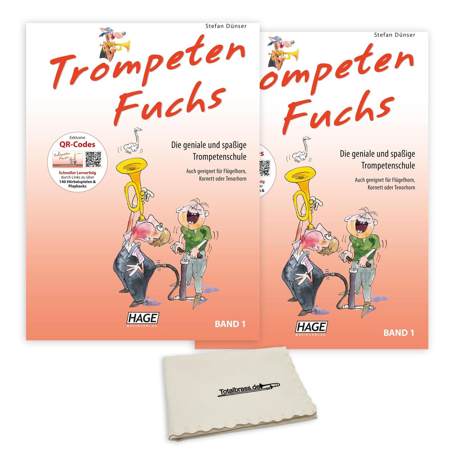 2 x TrompetenFuchs 1: (Doppelpack), mit Online QR-Codes - Die geniale und spaßige Trompetenschule, Trompeten Fuchs - Band 1 - ISBN 9783866260788 + Soundman Poliertuch für Trompete (2er Pack)