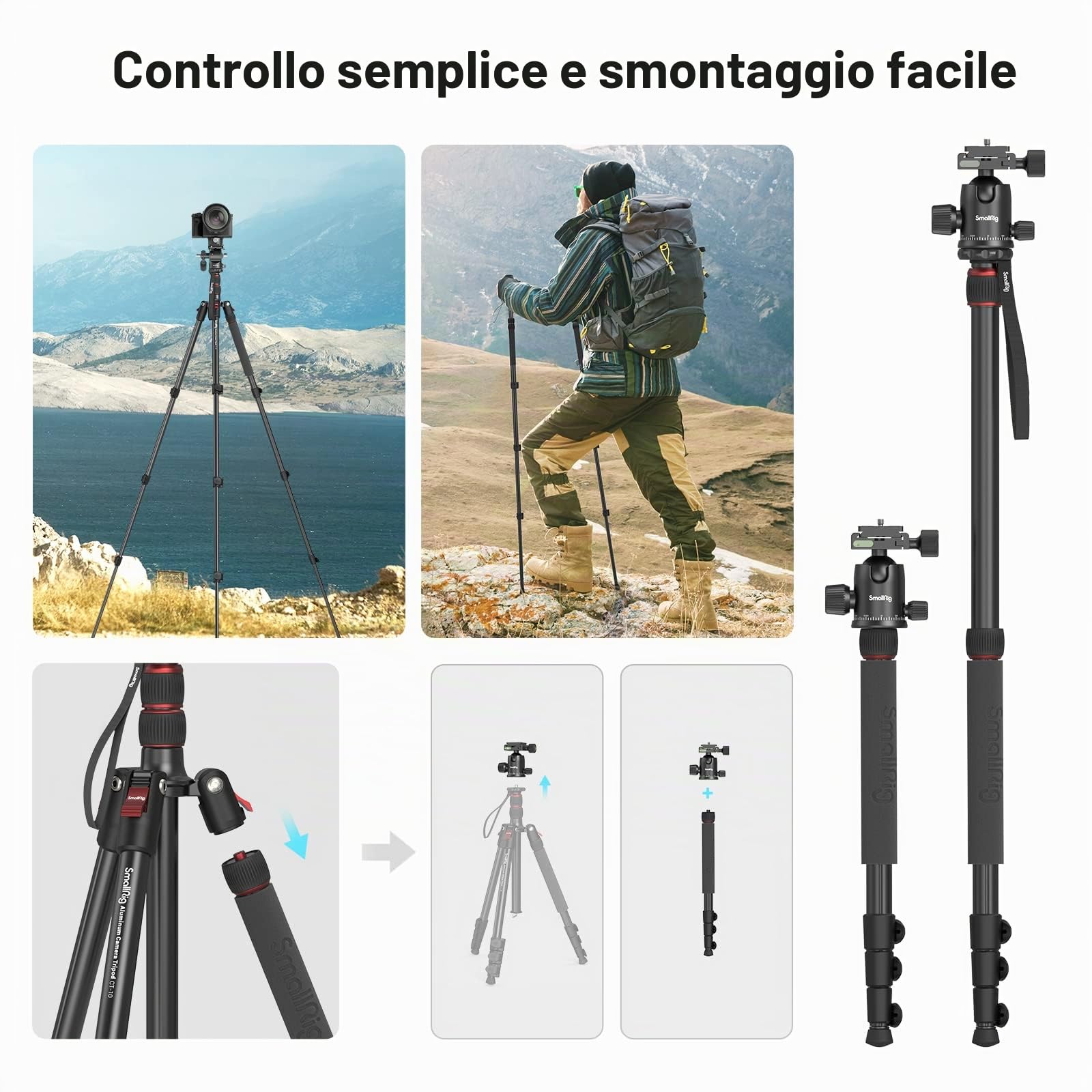 SMALLRIG Treppiede per Fotocamera Monopiede, Treppiede in Alluminio Leggero e Portatile da 72" 182 cm, Testa a Sfera a Sgancio Rapido a 360°, Carico Massimo 15 kg, Regolabile da 17" a 72" - 3935