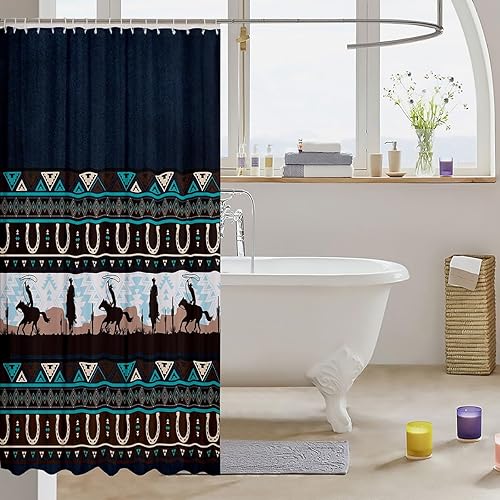 Miniatura 3 de Cortina de ducha bohemia exótica de geometría azul oscuro con ganchos, cortina de baño rústica para decoración de habitación, cortina de baño de
