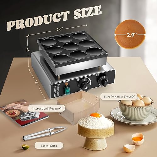 Miniatura 5 de Moongiantgo Máquina para hacer panqueques holandesa, 9 unidades, antiadherente Dorayaki Maker con pinzas, recetas, bandejas. Temperatura de