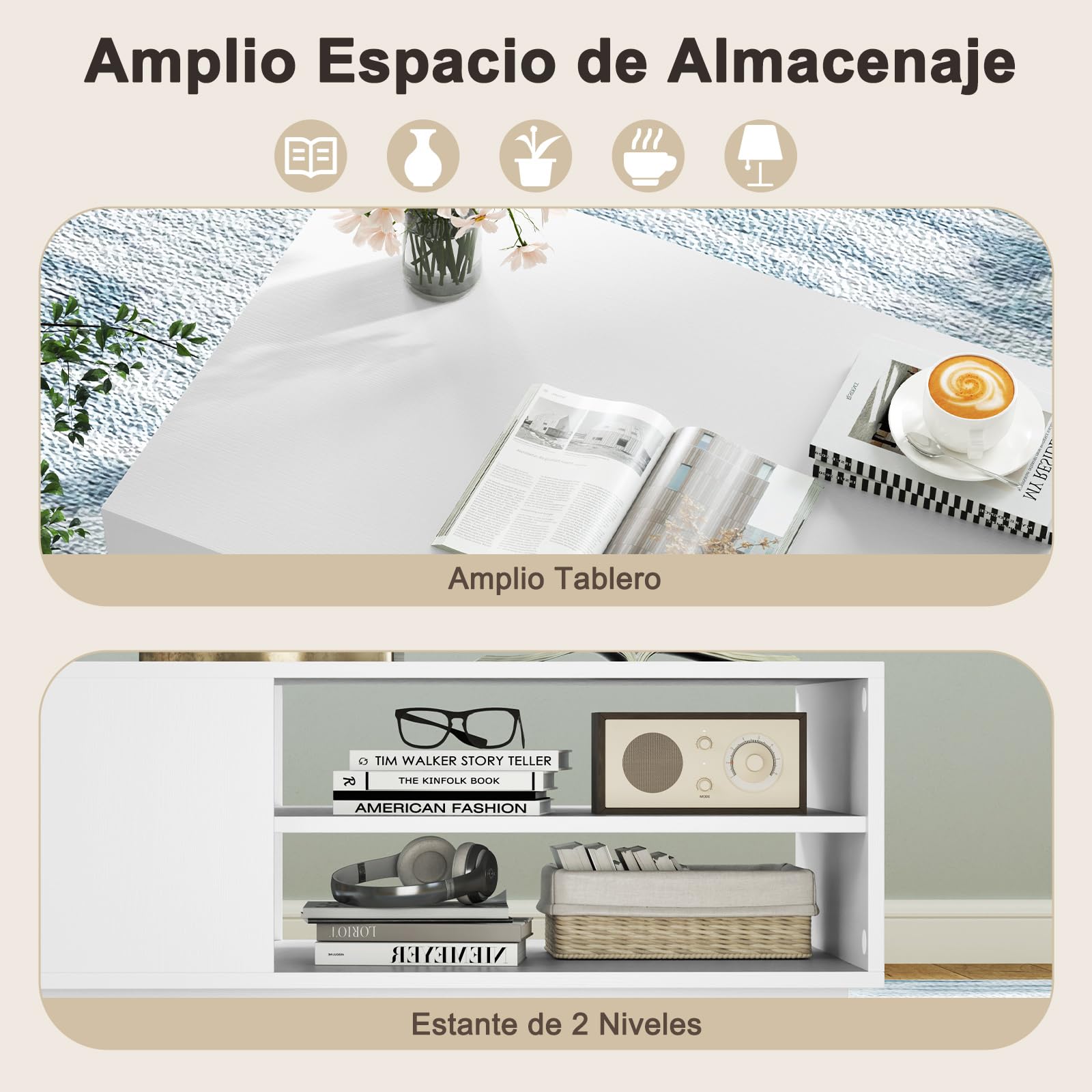 GOPLUS Mesa de Centro, Mesa de Café con Estantes Abiertos de Almacenaje, Base Recesada y Almohadillas Antideslizantes, Mesa Rectangular Moderna para Salón Oficina, Carga 60+20KG, 86x56x41cm (Blanco)