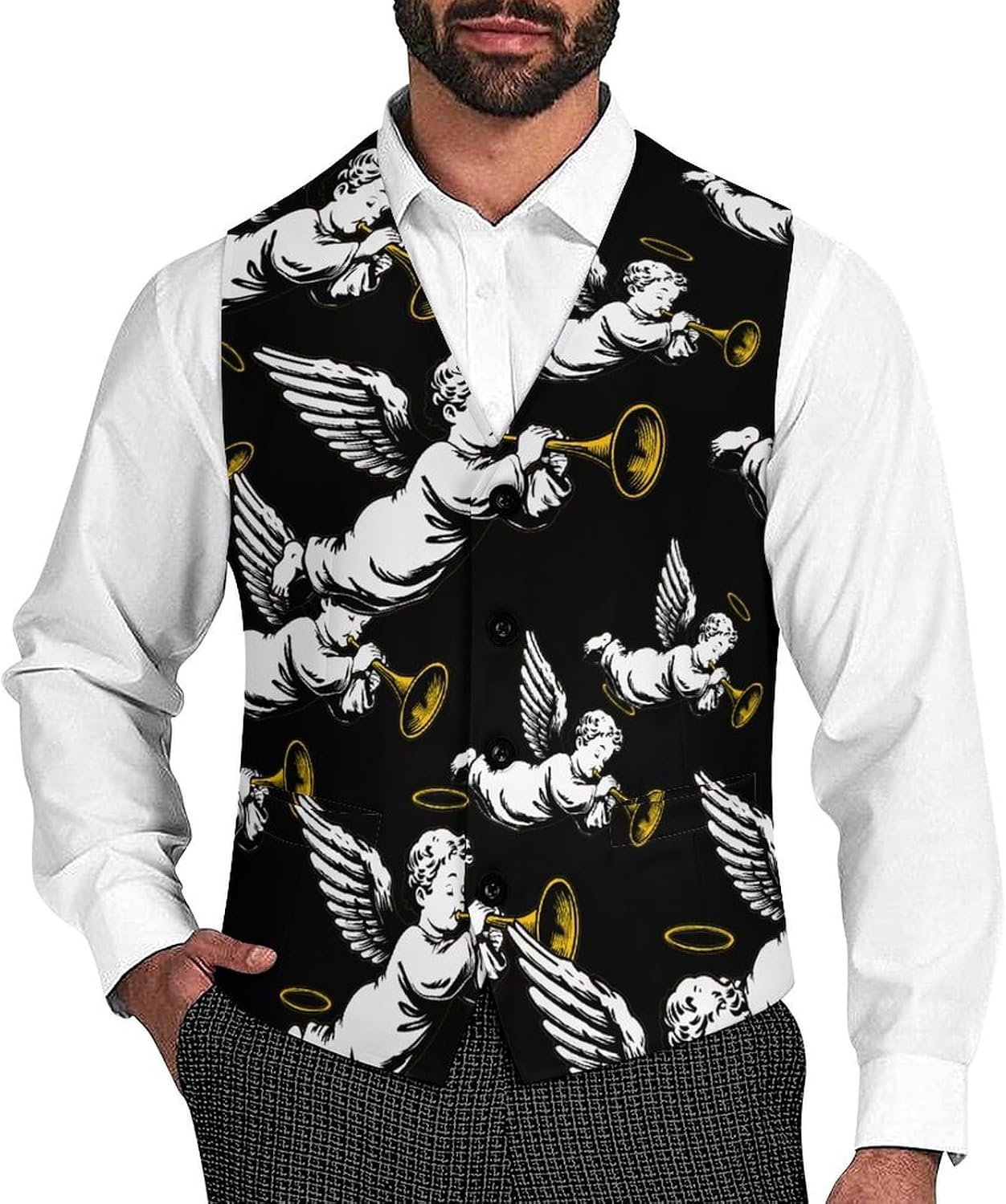 Flying Angeles with Trumpet Men's Suit Vest Formal Vests Casual Dress Fit Waistcoat Casual Tuxedo for Business