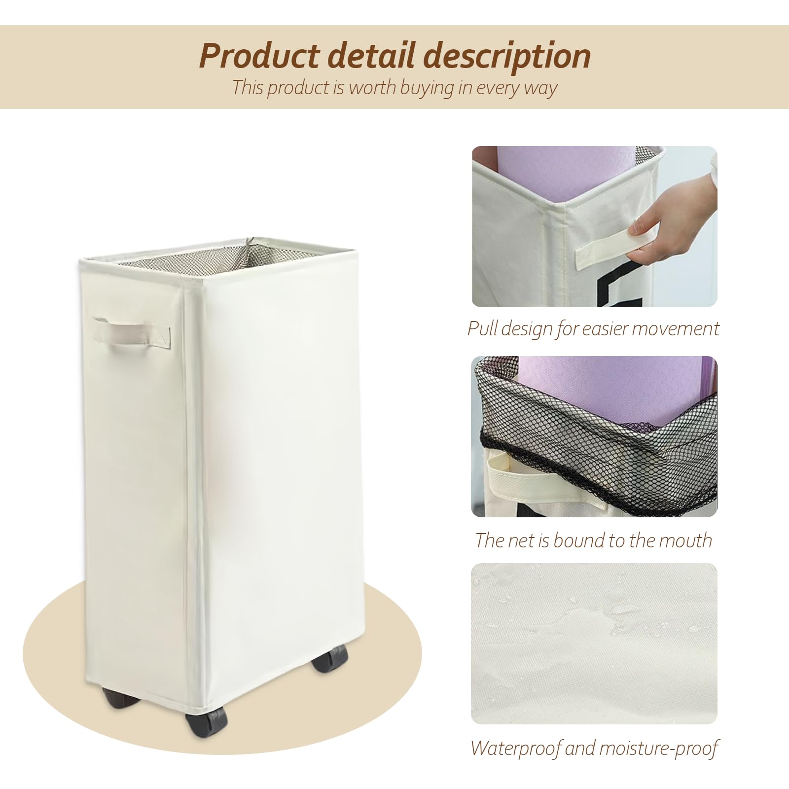 Cesto Ropa Sucia con Ruedas: WIYETY Cesto Plegable 4 Piezas Ruedas y 1 Piezas Frenos, Cestos para la Colada con Ruedas para La Ropa Sucia para Toallas de Baño, Equipos de Fitness, Sombrillas (Beige)