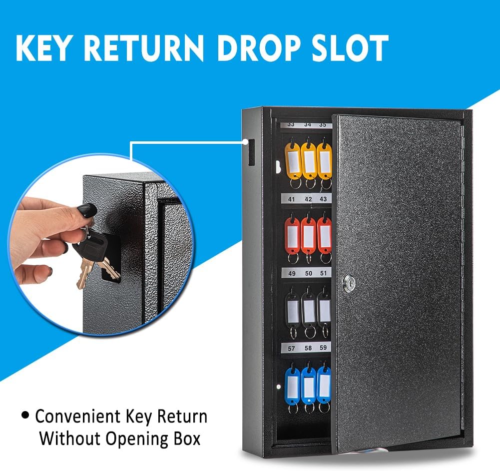 UMEKEN Key Box Wall Mount | 64-Key Metal Key Cabinet with Numbered Key Tags | Secure Lockable Vehicle Key Organizer Storage Car Lock Box for Key Control | Home, Office, Hotel, Real Estate (Black)