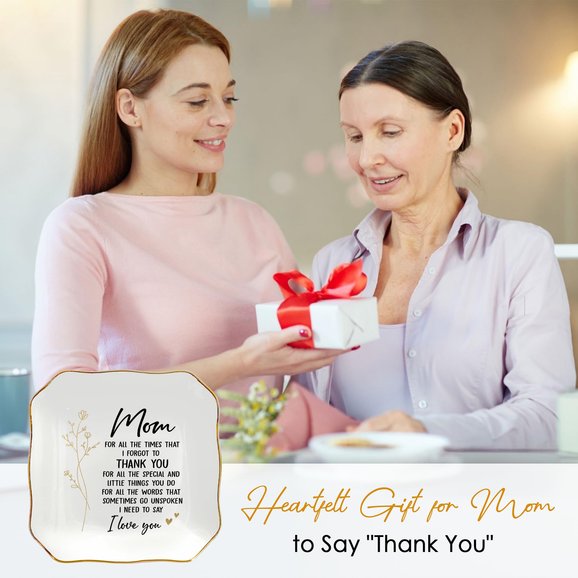 Regalos para mamá: Día de la Madre, Navidad, agradecimiento, regalos de cumpleaños para mamá de hija, hijo, mamá, suegra, plato de agradecimiento para anillos y aretes, bandeja de porcelana de 4 x 4