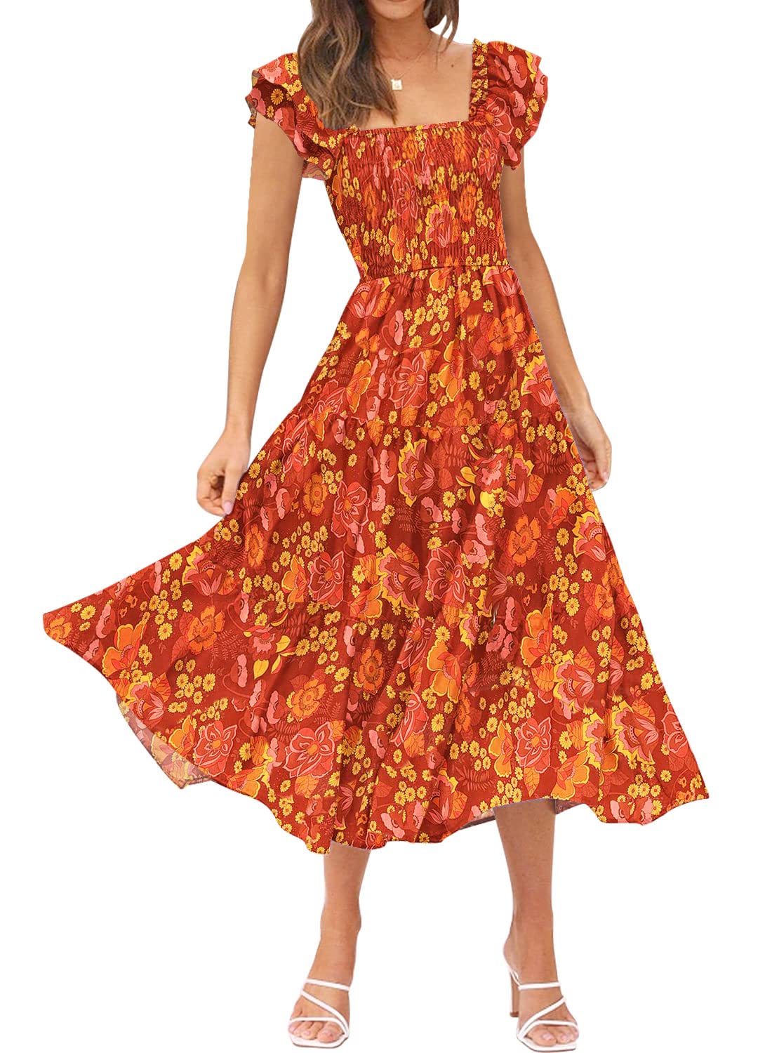 DOROSE Women's Summer Floral Dress Square Neck Smocked Boho Midi Dress Ruffle Tie Back Flowy Beach Long Tiered Dress