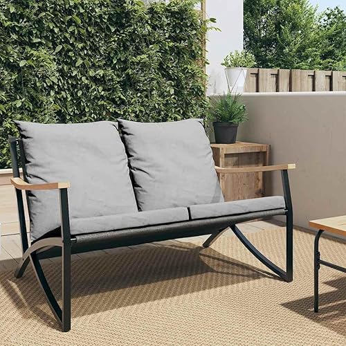 Banco de patio para exteriores, 47.2 x 31.9 pulgadas, sofá biplaza de acero con recubrimiento de polvo negro con cojines extraíbles, resistente a la