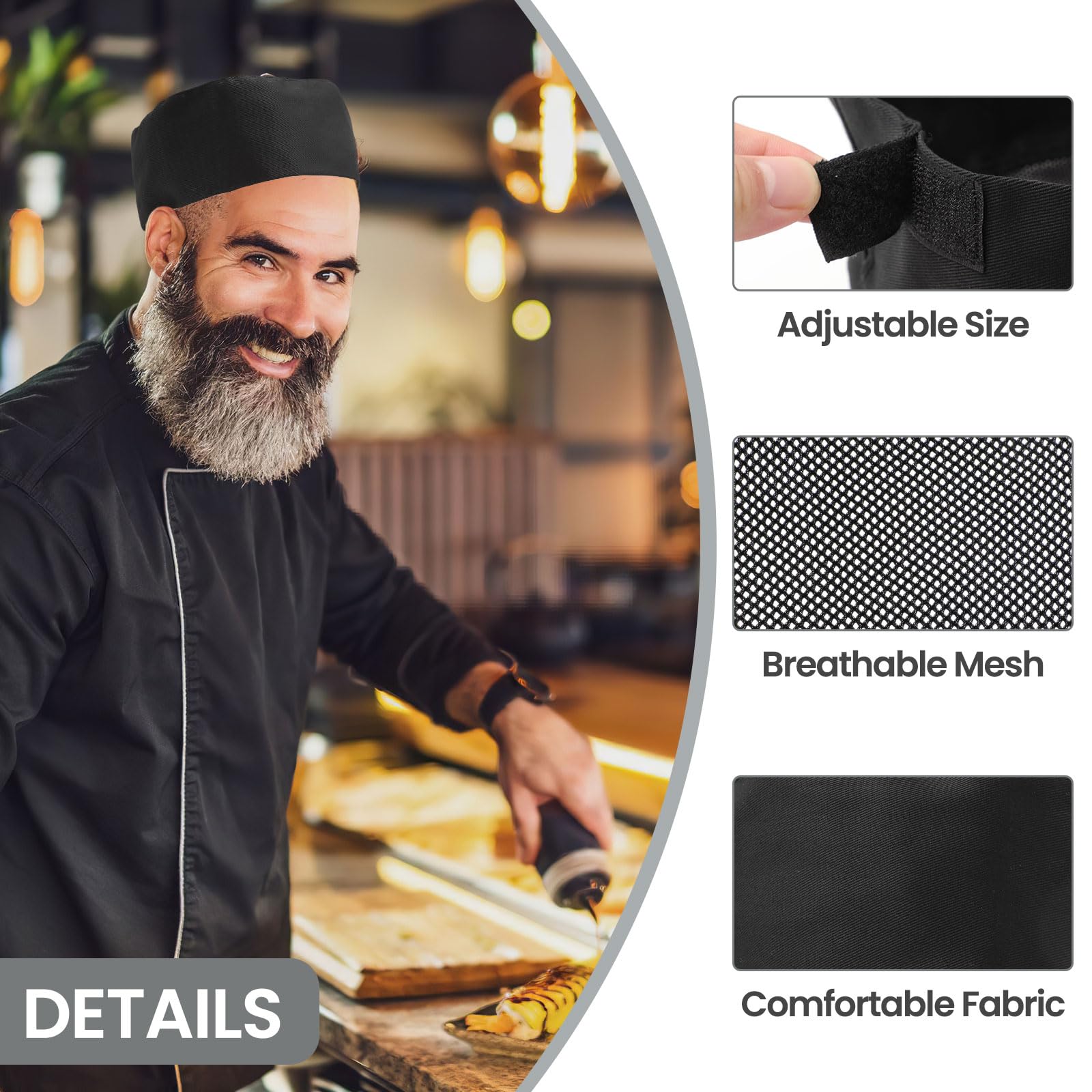 10 Pieces Unisex Chef Hat Adjustable Kitchen Cooking Caps Sushi Beanie Breathable Mesh Top Skull Cap Chef Hat for Men Women Adult Black