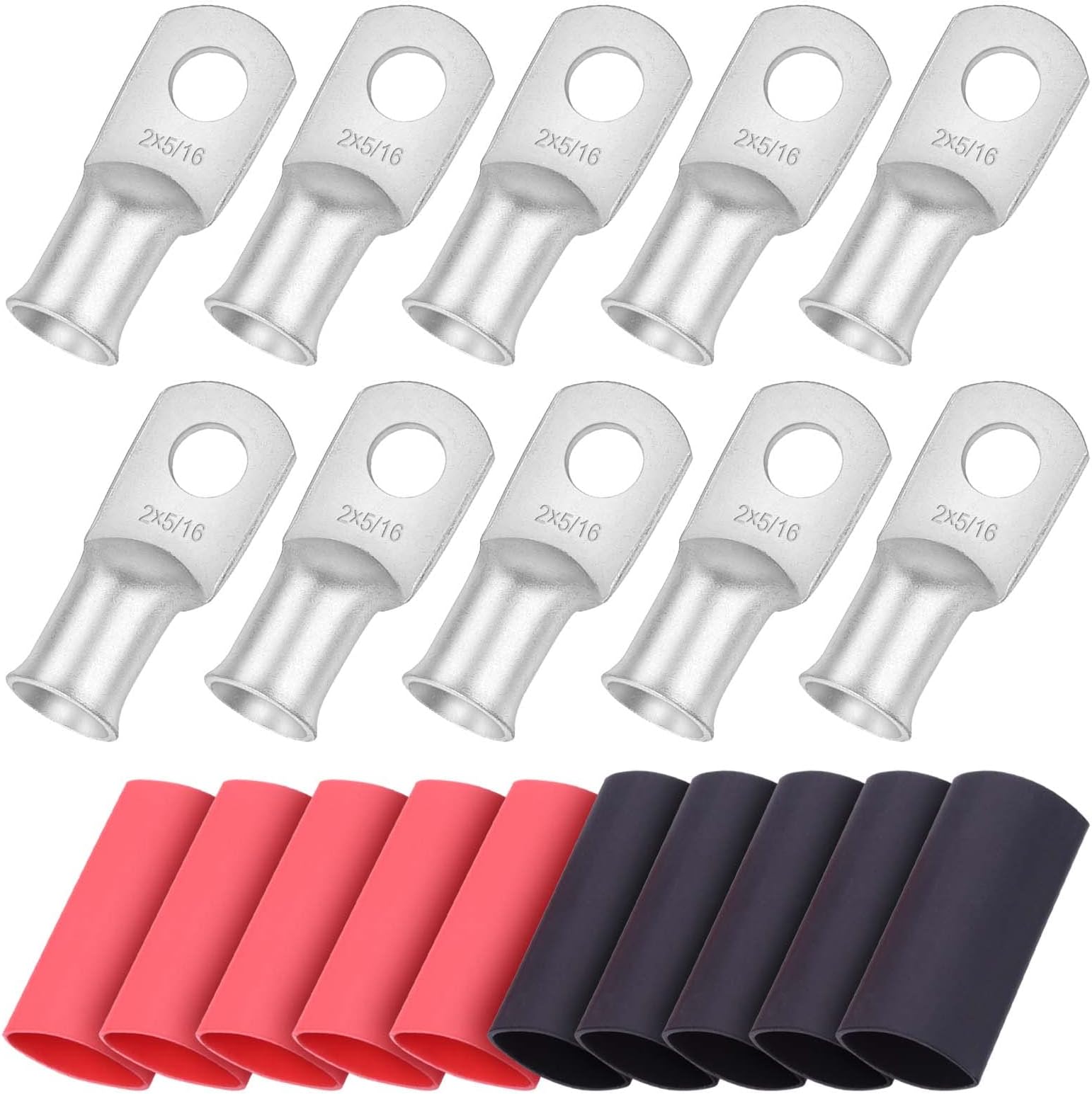iGreely 10pcs 2 Guage 5/16" Wire Lugs Ring Terminal Connectors Ends 2 AWG Heavy Duty Tinned Copper for Battery Cable Lug Wire Electrical Eyelets with 10pcs 3:1 Dual Wall Adhesive Heat Shrink