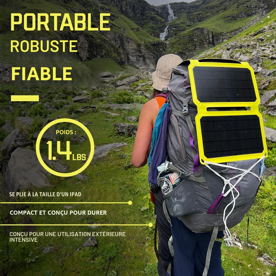 SunJack Chargeur de téléphone solaire pliable 15 W, IP67 étanche ETFE panneau solaire monocristallin avec batterie externe de 10 000 mAh, chargeur solaire portable USB-C et USB-A pour camping