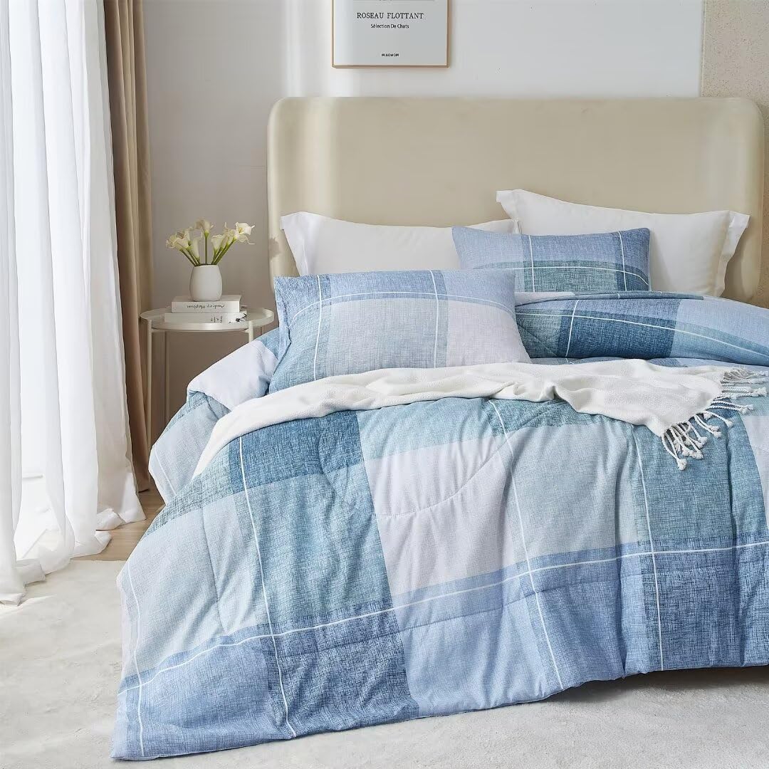 MKXI Plaid Twin XL Comforter Set for Teens Farmhouse Comforter Twin Size Bed, Blue and White Comforter Grid Buffalo Reversible Geometric Bedding Set Lightweight Bed Set for All Seasons