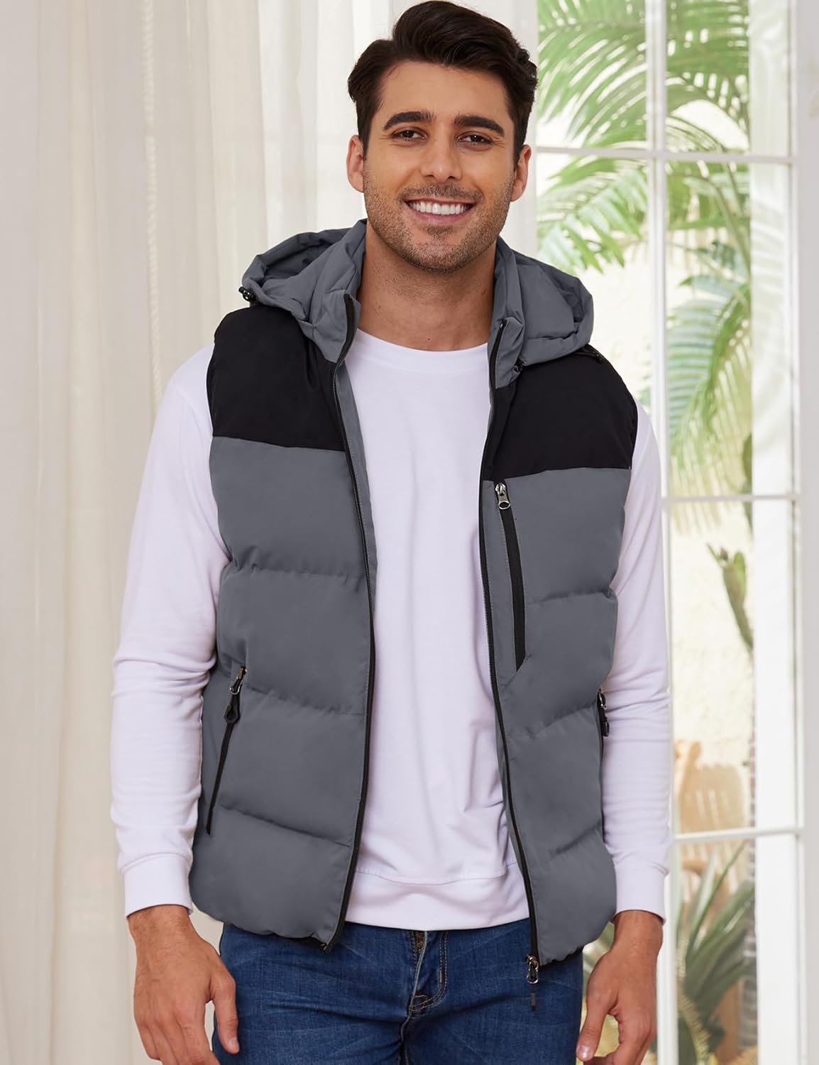 Gihuo Mens Winter Puffer Vest Hooded Sleeveless Quilted Jacket Zip Up Padded Coats - Image 2