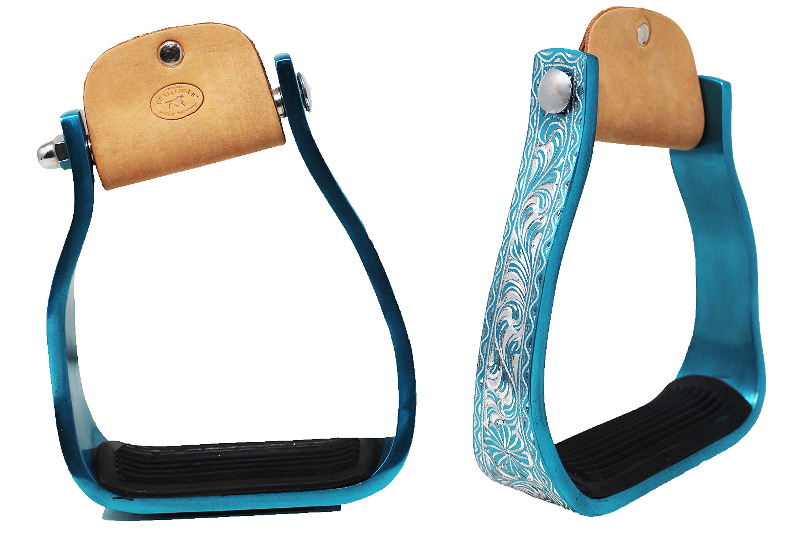 CHALLENGER Horse Western 5" Barrel Racer Engraved Aluminum Angled Show Stirrups 51140