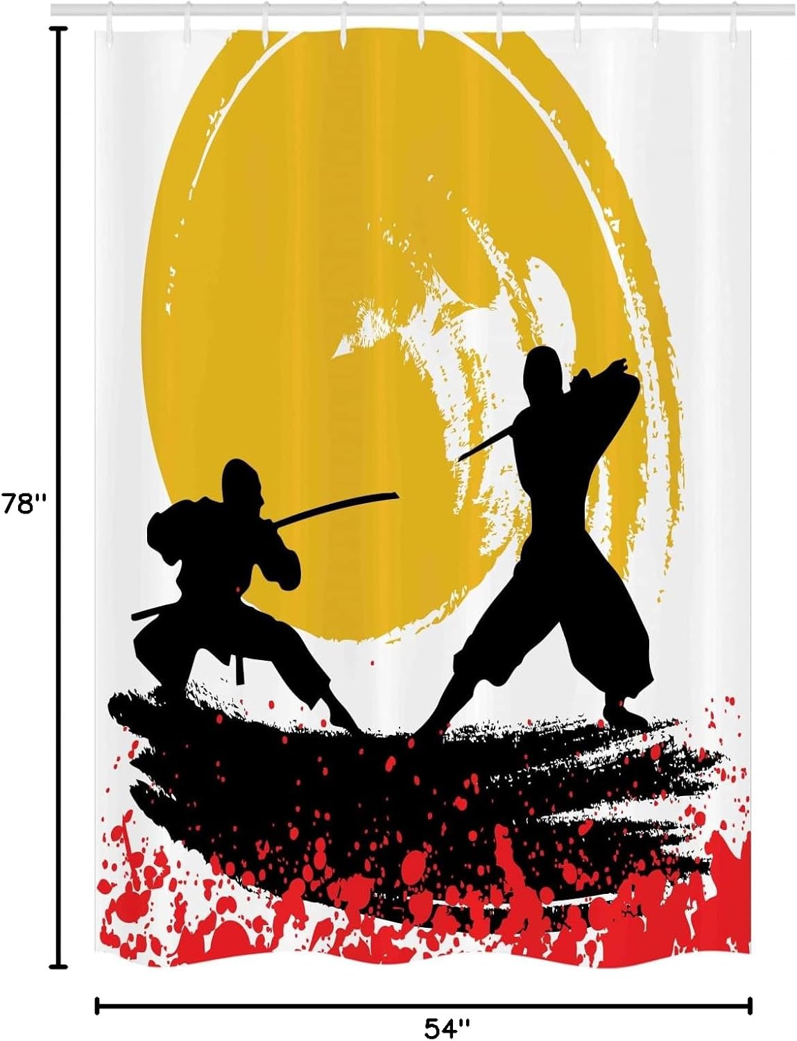 Ambesonne Japanese Stall Shower Curtain, Watercolor Style Silhouette Ninjas in The Moonlight Medieval, Fabric Bathroom Decor Set with Hooks, 54" W x 78" L, Vermilion Mustard