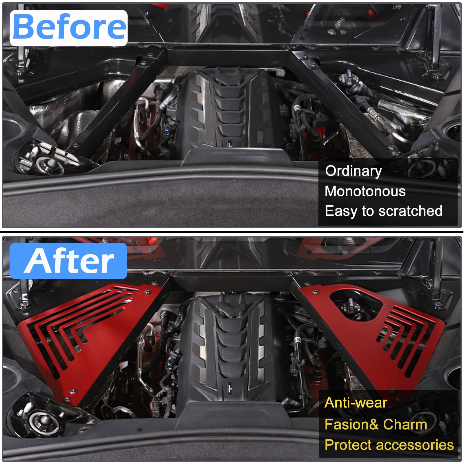 Aluminum Alloy Rear Engine Covers Left Right Engine Case Guards Protector Splash Shield Compatible with Chevrolet Corvette C8 2020-2023, Engine Bay Panel Cover, C8 Accessories 2PCS (red)