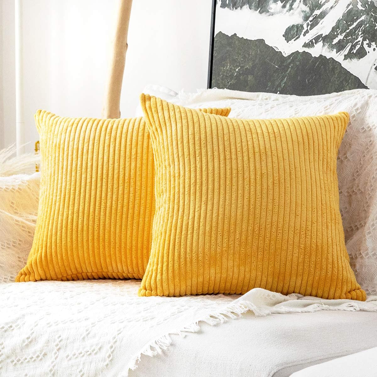MUDILY Pack of 2 Soft Striped Corduroy Christmas Decorative Square Throw Pillow Covers Set Cushion Cases Pillowcases for Sofa Bedroom Car, Sunflower Yellow 18 x 18 inch 45 x 45 cm