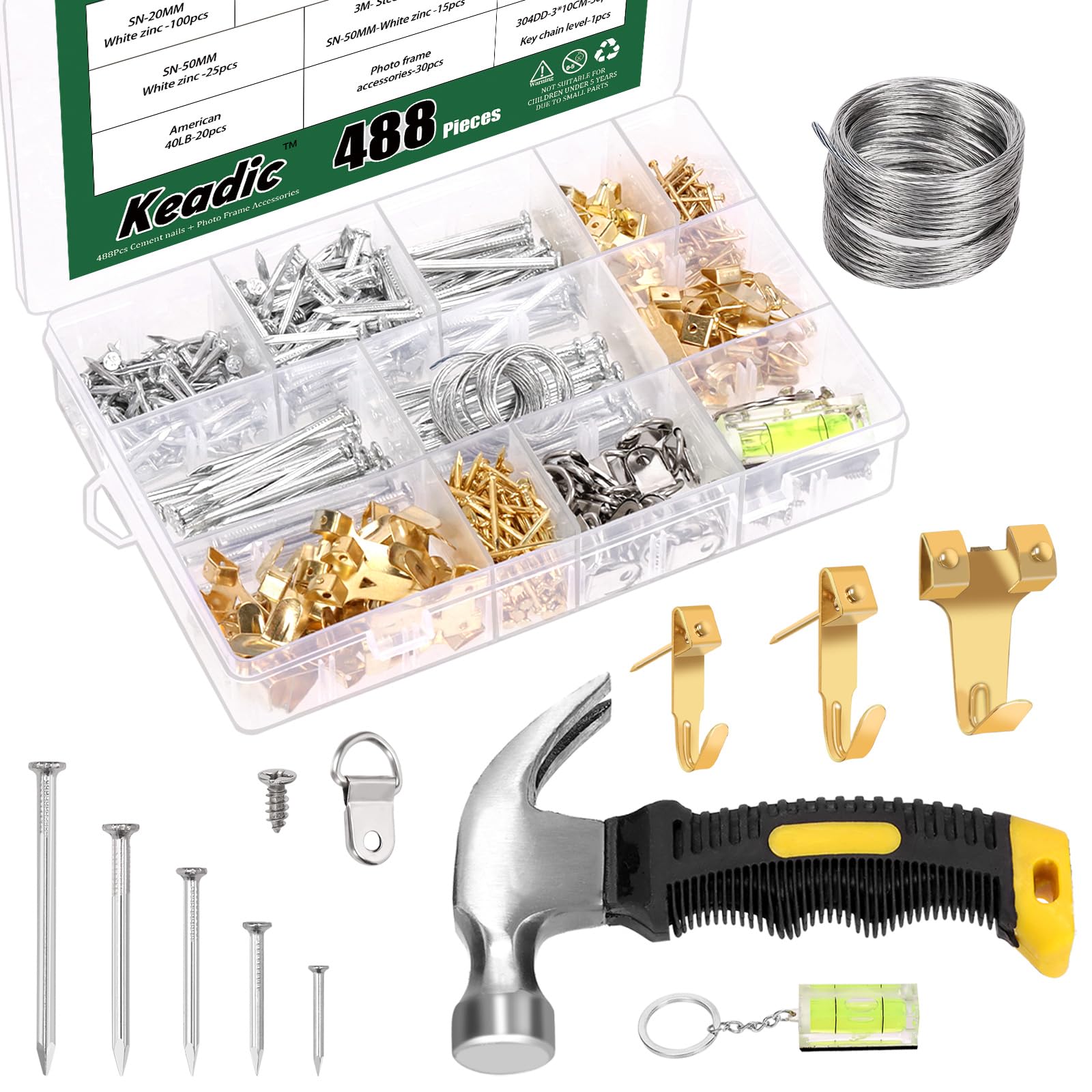 Keadic 488PCS Picture Hanging kit Include Picture Frame Hangers with Wall Nails Photo Hanging Picture Hanging Hooks Claw Hammer D-Ring Screw Hanging Wire for Home Decor