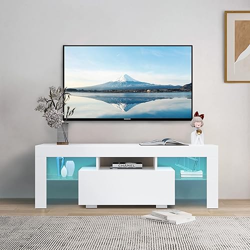 Noskatu Soporte de TV LED blanco moderno centro de entretenimiento para TV de 65 pulgadas, gabinete de TV de madera con luces LED, soportes de
