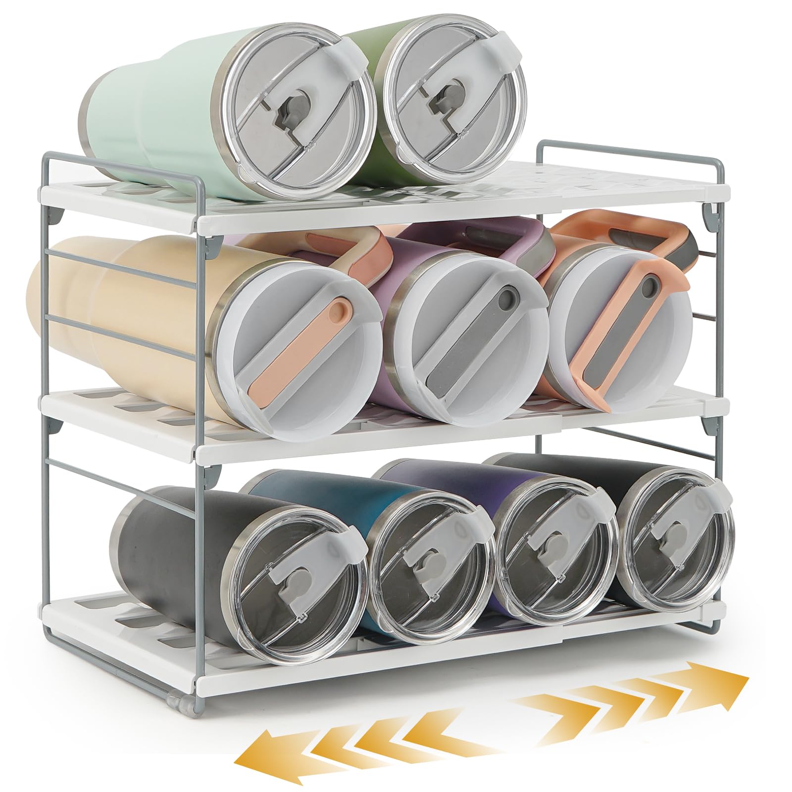 mepure 3-schichtiges verstellbares Flaschenregal für Küche und Kühlschrank, ausziehbarer Flaschen-Organizer für Wasserflaschen, Thermoskannen und Getränke, stabil und rutschfest
