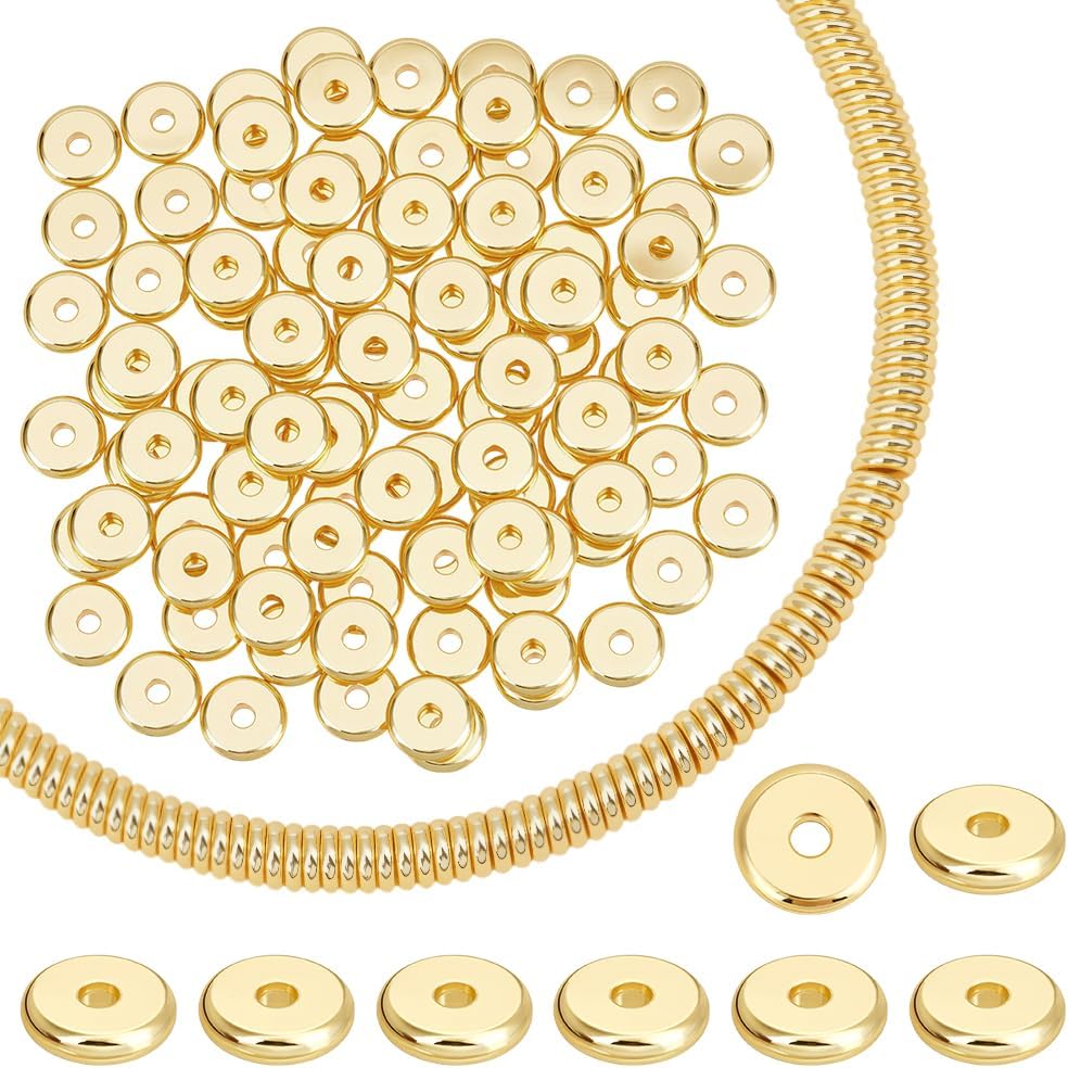 PH PandaHall 100pcs 18K Gold Plated Beads 8mm Flat Round Spacer Bead Brass Disc Heishi Beads Golden Metal Loose Bead for Summer Stackable Necklace Bracelet Jewelry Making DIY Crafts