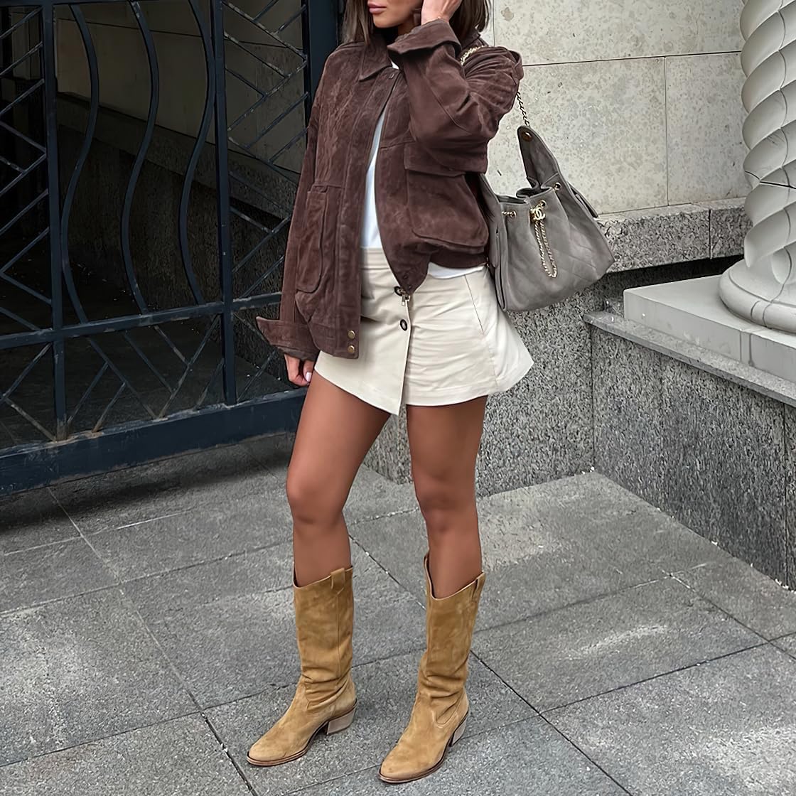 chouyatou Women Vintage Faux Suede Jacket Zip Up Bomber Jacket Lapel Collar Cropped Biker Moto Jacket Coat