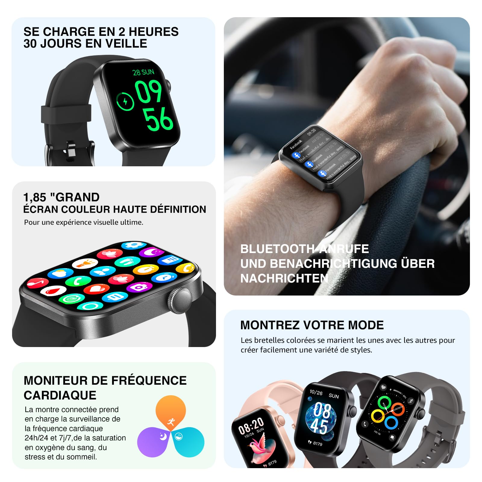 Montre Connectée Femme Homme avec Appels Bluetooth, 1.85" HD Smartwatch avec 140+ Modes Sportifs, Etanche IP68 Montre Connectee avec Podometre/Cardiofrequencemetre/Moniteur de Sommeil pour Android/iOS