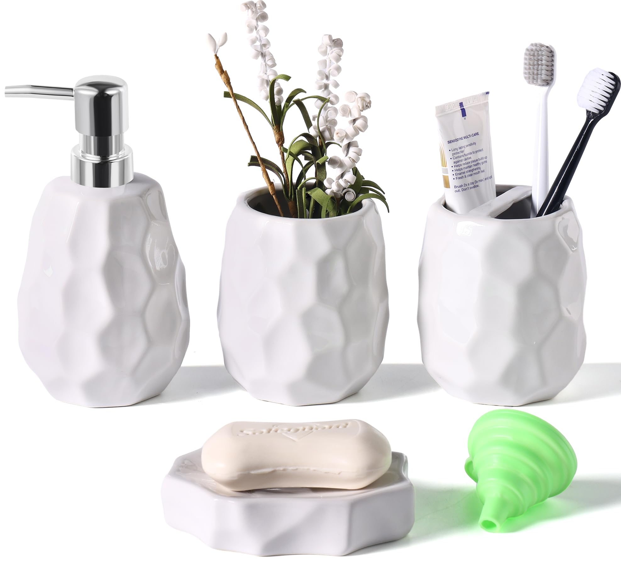 Juego de 4 accesorios de baño de cerámica, juego completo de baño grueso, incluye soporte para cepillo de dientes, dispensador de jabón, bandeja de tocador, vaso, organizador de baño con jabonera