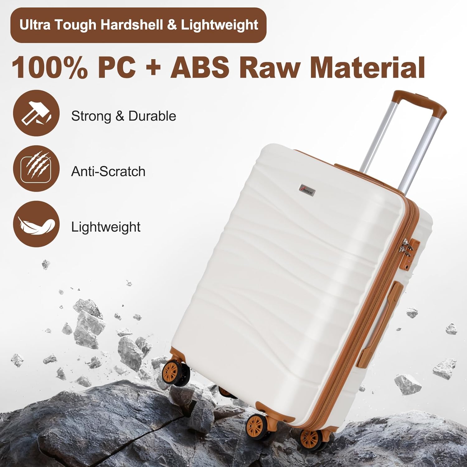 Romswi 26" Medium Checked Luggage, Expandable Checked-Medium Hardshell Suitcase with Double Spinner Wheels for 20% More Space, Hardside Luggage, Scratch-Resistant & YKK Zipper White