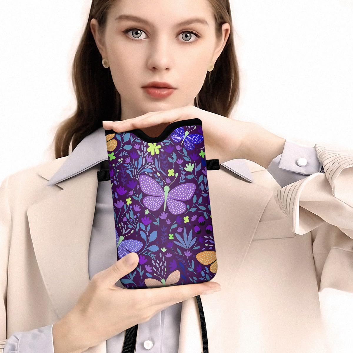 Universal Phone Sleeve Pouch with Crossbody Strap 7.6 X 4.3 Inches Shockproof Water Resistant Mobile Protection Bag-Purple Butterfly Neoprene Phone Pouch Bag - Image 6
