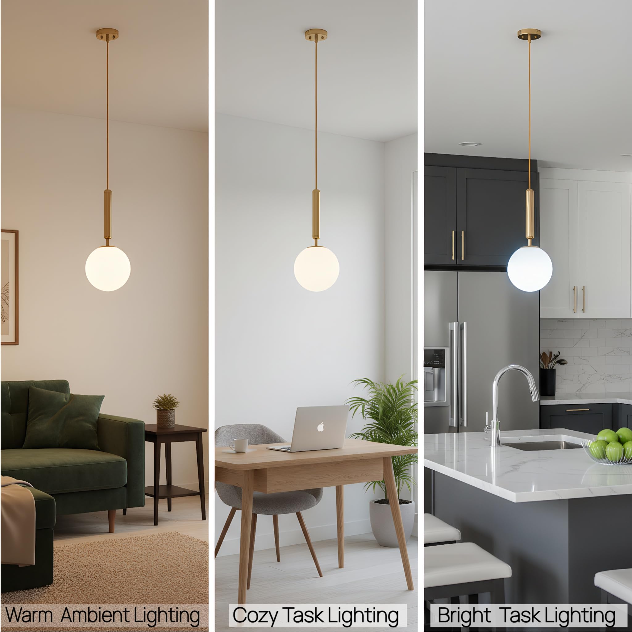 Lámpara Colgante Dorada Moderna, Pantalla Esférica de Cristal Blanco, Lámpara de Techo Colgante E27 para Dormitorio, Comedor, Sala de Estar y Cocina