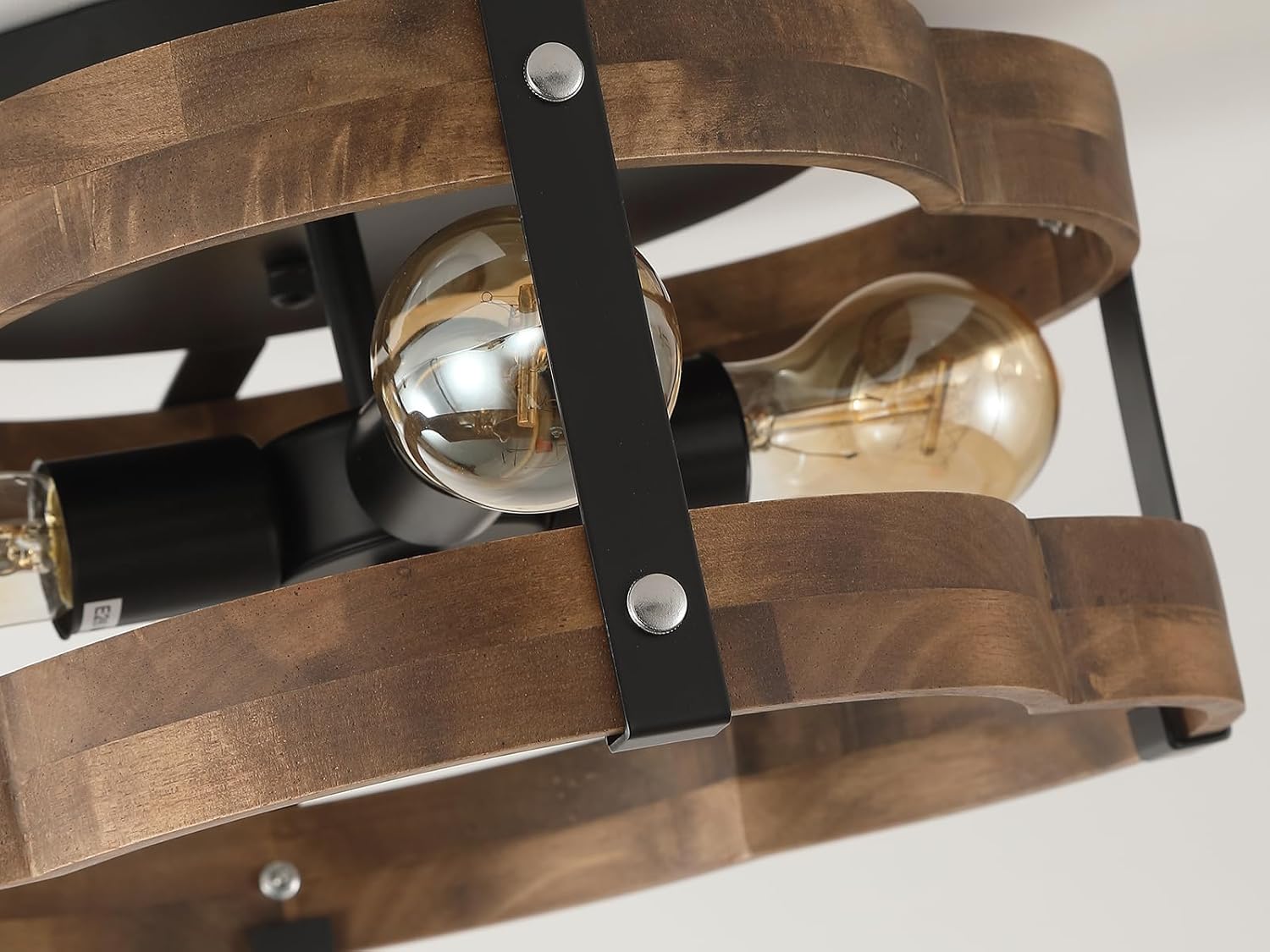4-Light Rustic Farmhouse Wood Flush Mount Ceiling Light Fixture 14.17 inch Oak Wood and Metal Cloud Cage Semi Flush Mount Ceiling Light for Hallway Hall Entry Bedroom Farmhouse Indoor, Black
