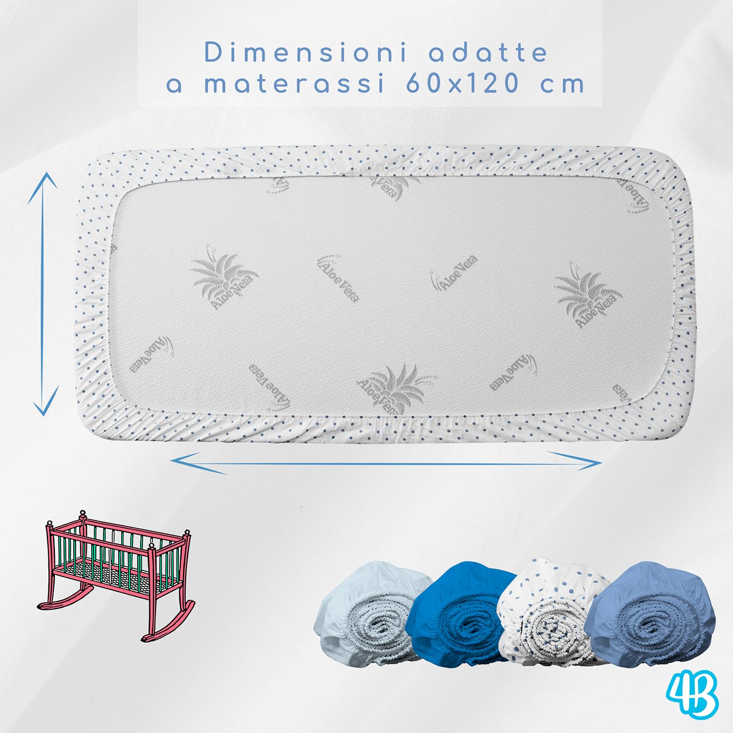 4BABIES - Set 4 Lenzuola Lettino Neonato 60x120 - Lenzuolo con Angoli per Culla in Cotone 100% Morbido Traspirante - Made in Italy OEKO-TEX - Pois Blue, Smoke Blue, Azzurro e Blu