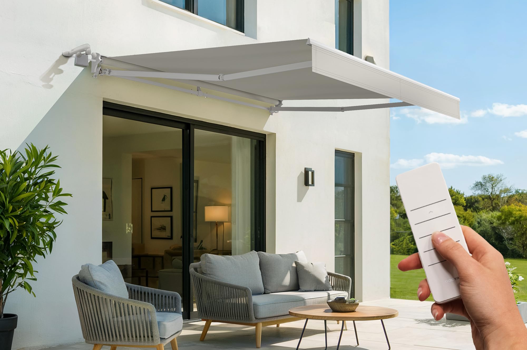 Cazeboo Store banne motorisé 3x2,5m Semi-Coffre Blanc - Toile Beige 320g/m² UV50+ - 7,5 m² ombrage terrasse Balcon - Capteur Vent Inclus - Structure Aluminium - Télécommande