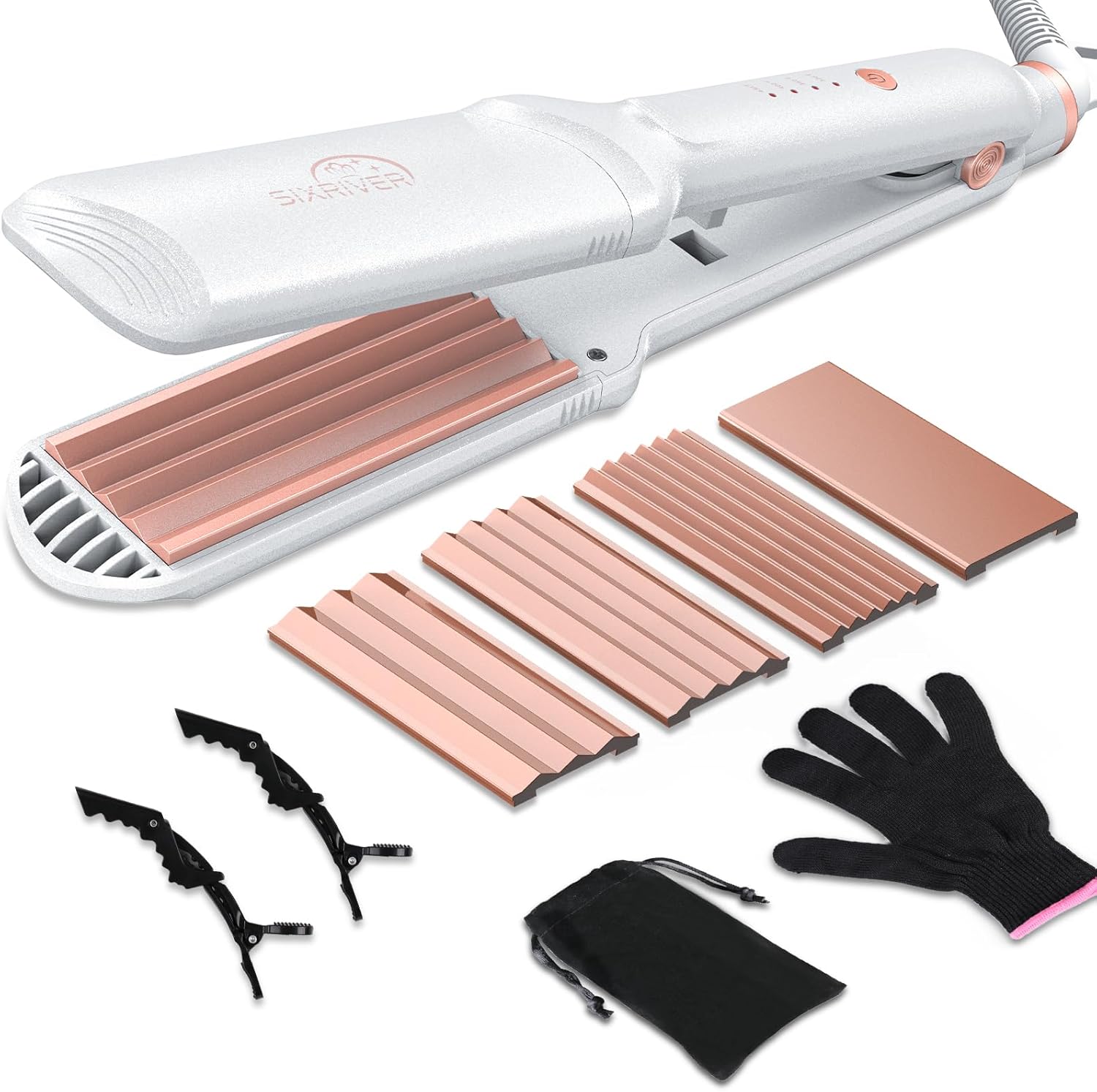 Hair Crimper for Women Hair Waver Hair Straightener Curling Iron 4 in1 Flat Crimping Iron Plates Ceramic Waver Hair Tool Volumizing Crimper with 15s Fast Heating (White)