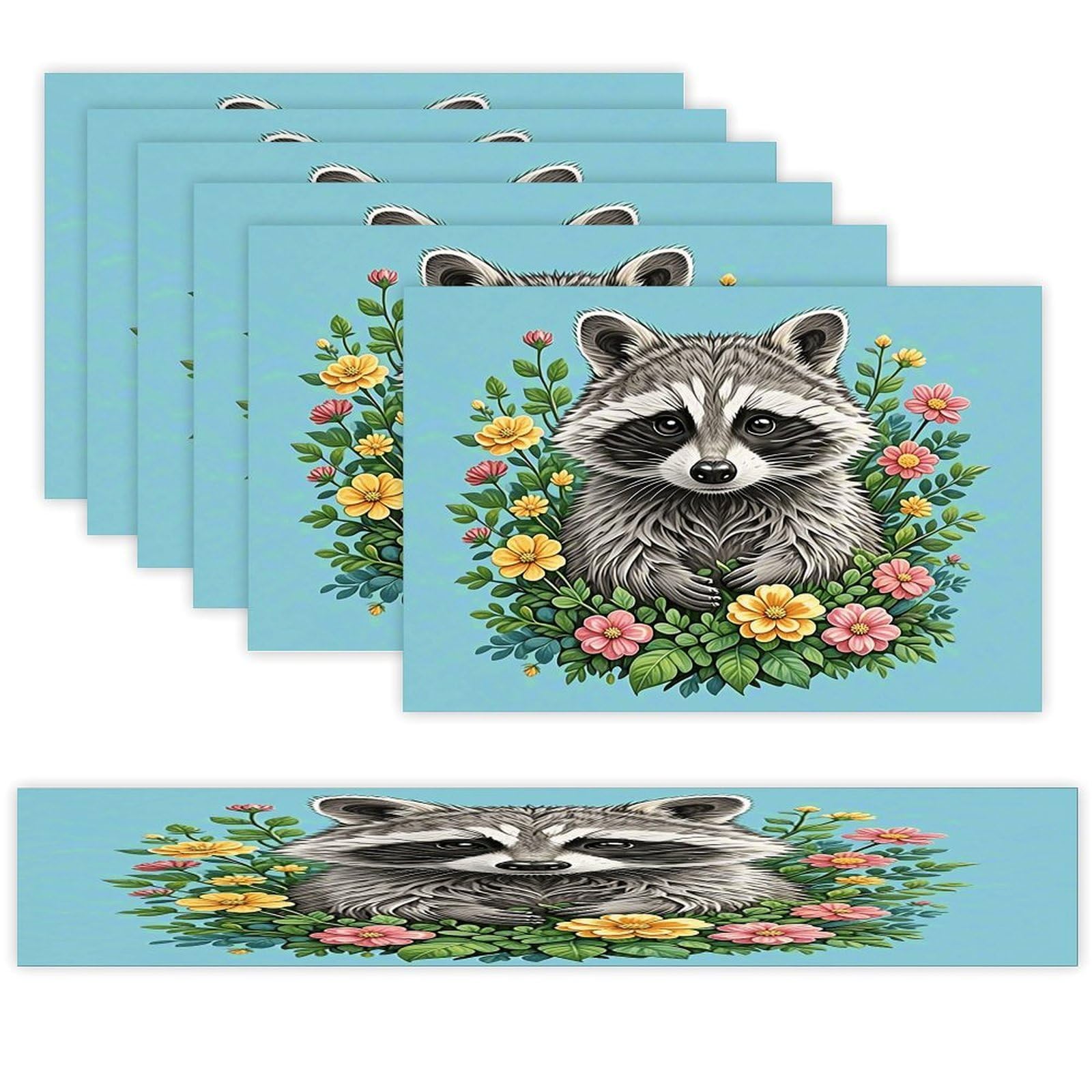 Raccoon Placemats Set of 7 Exquisite Linen Table Mat Seven Piece Set Includes 13"x71" Fashion Table Runner and 12"x18" Place Mat Decor for Kitchen Dining Room