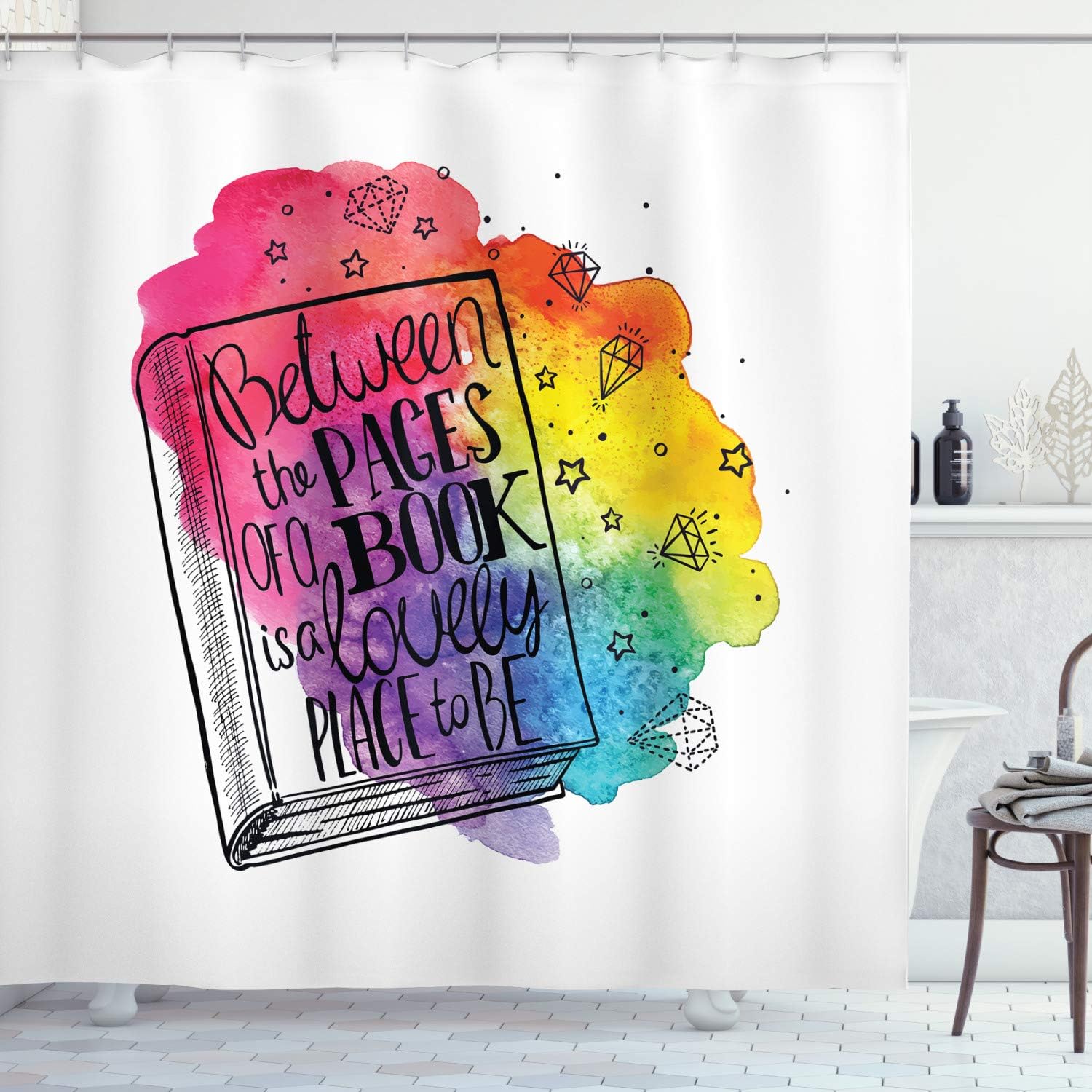 Ambesonne Book Shower Curtain, Between The Pages of a Book Words Print Among Vivid Colors and Diamonds, Cloth Fabric Bathroom Decor Set with Hooks, 69" W x 75" L, White Multicolor