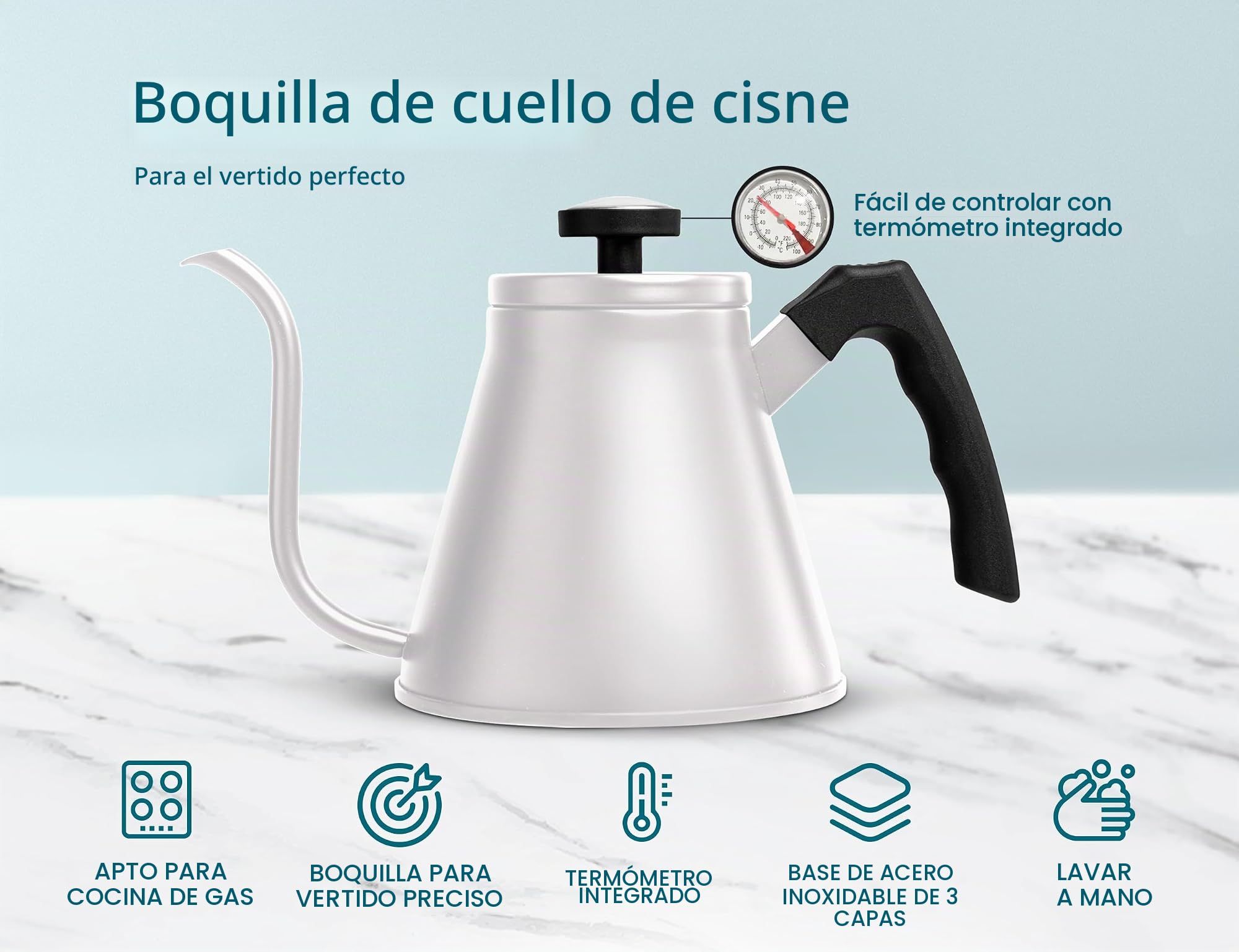 Kook Hervidor de cuello de cisne con termómetro, para verter sobre café y té, medidor de temperatura, eléctrico, gas e inducción, base de acero inoxidable de 3 capas, 27 onzas (blanco)