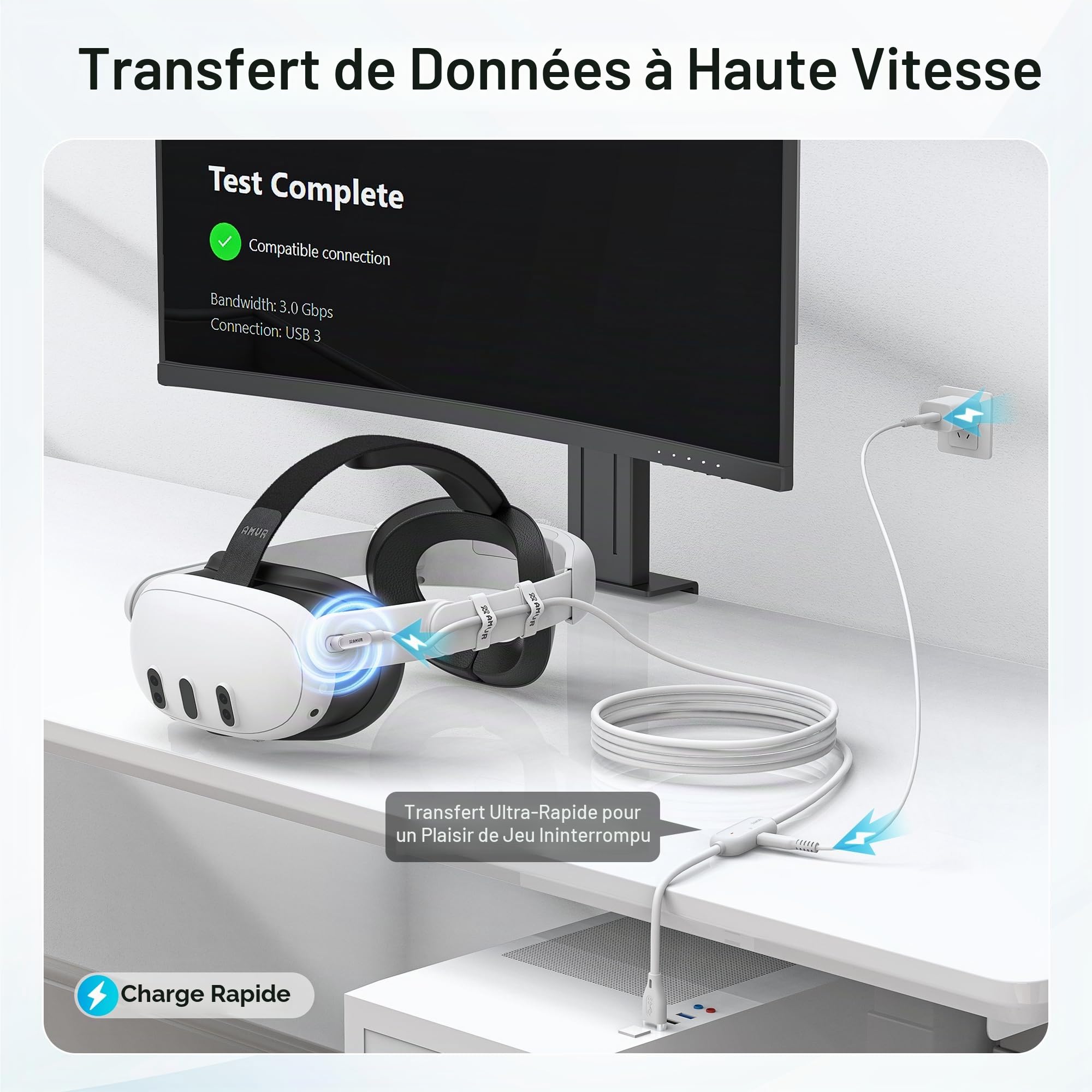 AMVR 16FT (5 m) Câble de liaison de recharge Accessoires compatibles avec Meta Quest 3/3S - Câble de données avec port de recharge rapide séparé, transfert haut débit max. 5 Gbps vers PCVR/SteamVR