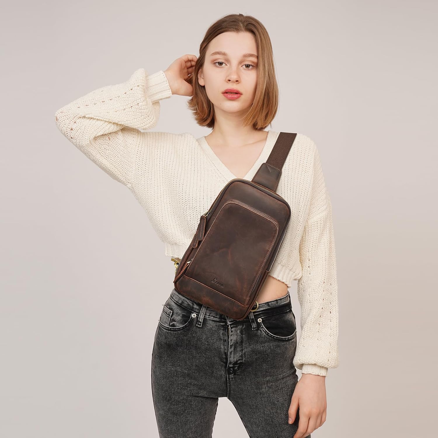 S-ZONE Sling Bag for Men Women RFID Blocking Top Grain Leather Crossbody Shoulder Bag Chest Hiking Daypack Travel - Image 2