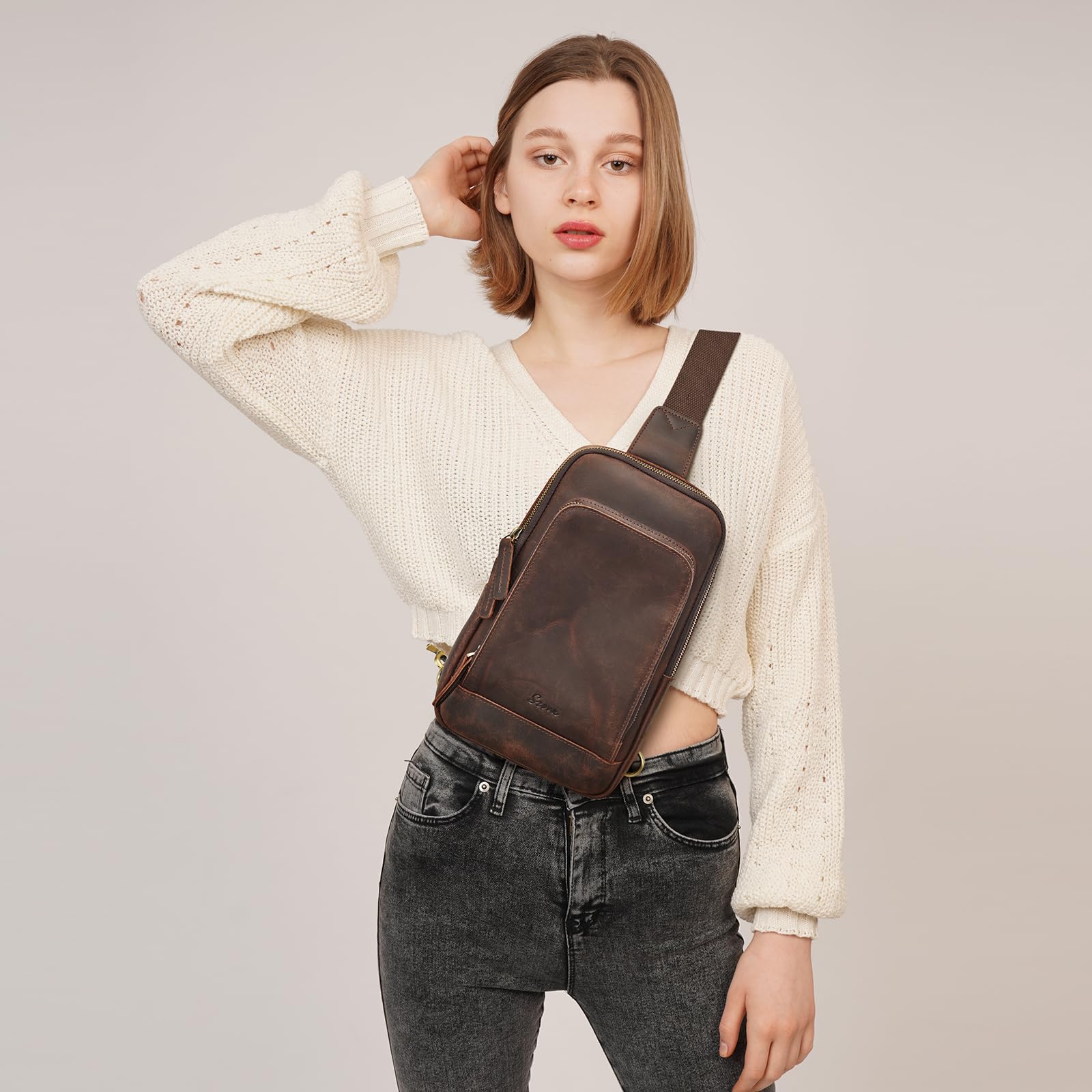 S-ZONE Sling Bag for Men Women RFID Blocking Top Grain Leather Crossbody Shoulder Bag Chest Hiking Daypack Travel