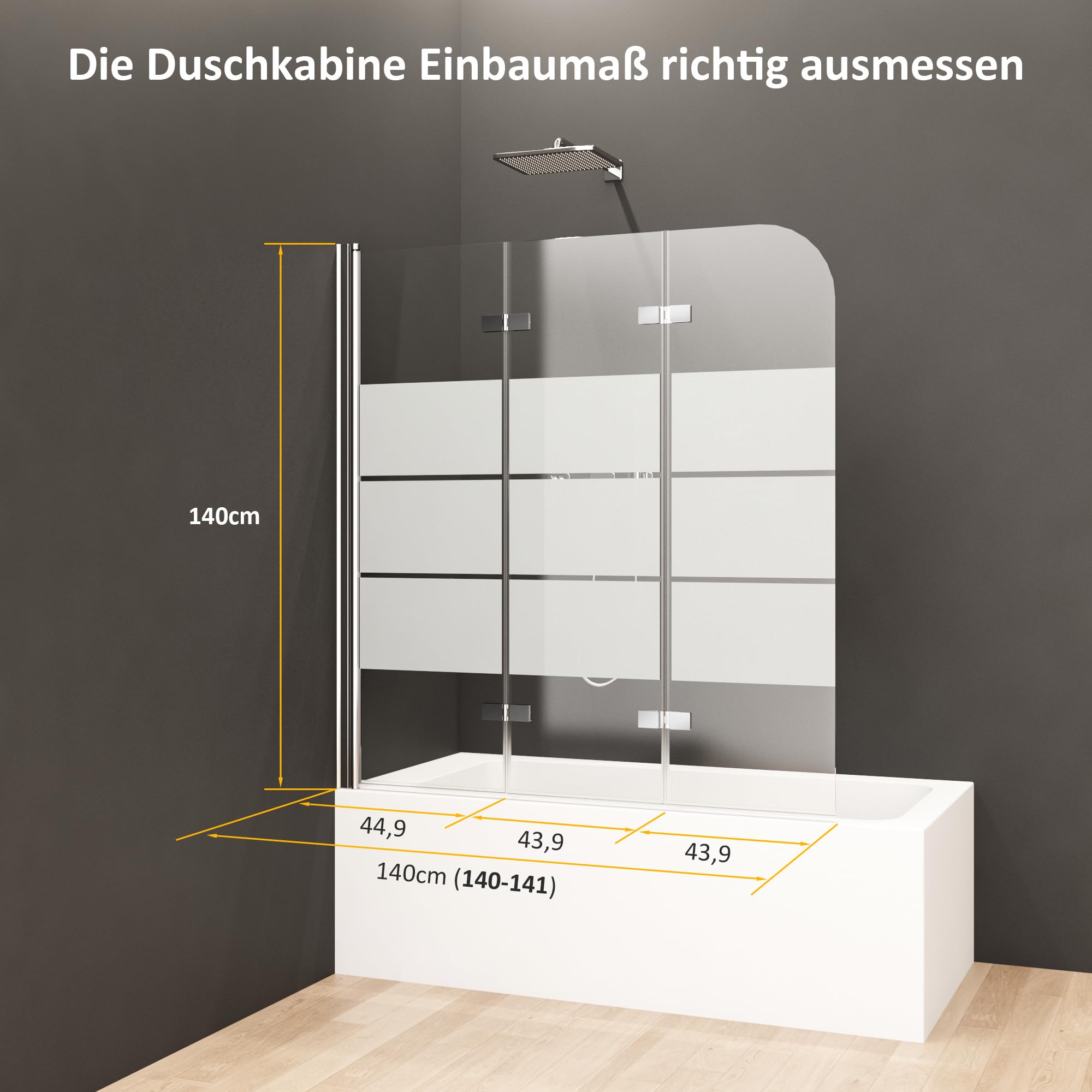 Goezes Duschwand für Badewanne 3-teilig 140x140cm Duschabtrennung, Faltbar Gestreift Glas Badewannenaufsatz aus 6mm EGS Sicherheitsglas, Streifenmuster Duschtrennwand Badewannenwand