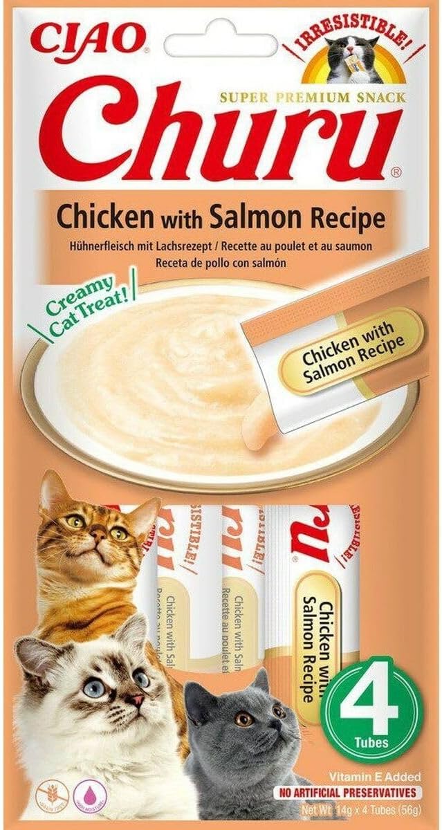 Ciao Churu Sticks by INABA Cat Treat - Chicken with Salmon Recipe Flavour (4 x 14g) / Soft & Creamy Treat, Delicious & Healthy Snack, Purée Food Topper, Pill Assist, Natural, Grain Free, Wet Cat Food